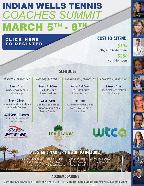 PTR/WTCA Coaches Summit Comes to Indian Wells on March 5 to 8